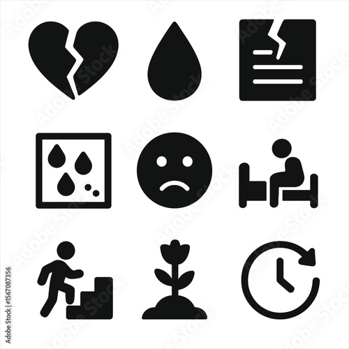 Heartbreak Icon Collection. Solid, filled icon set of heartbreak and recovery: broken heart, teardrop, ripped letter, rainy window