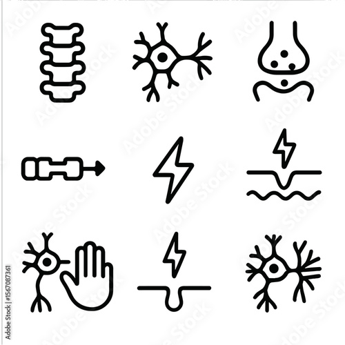 Nerve Pathways Icons. Solid, filled icon set of nerve signals and pain pathways: spinal cord, brain neuron, synapse, nerve impulse