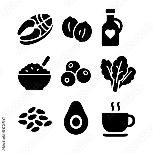 Heart-Healthy Foods Grid. Solid, filled icon set of heart-healthy meals: salmon, walnuts, olive oil bottle, oatmeal bowl,