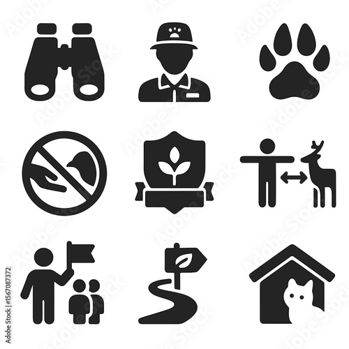 Ethical Wildlife Icons. Solid, filled icons set of ethical wildlife tourism: binoculars, wildlife guide,