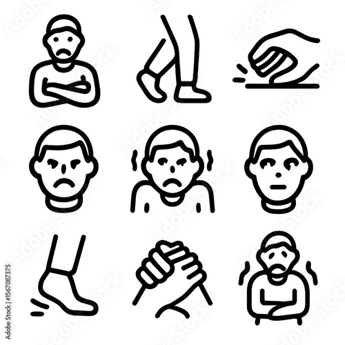 Nervous Body Language Icons. Solid, filled icon set of nervous body language: crossed arms, pacing feet, tapping fingers, clenched