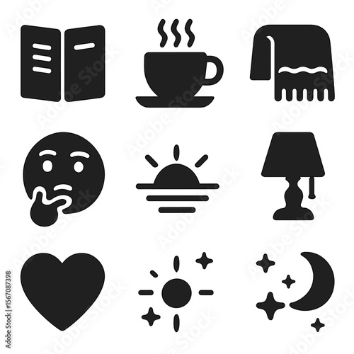 Evening Reflection Icons. Solid, filled icons set of reflecting on the day: journal icon, warm tea cup, cozy