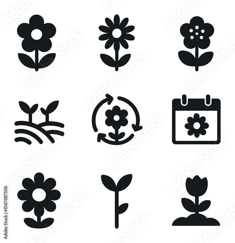 Seasonal Flower Icons. Solid, filled icons set of seasonal flowers: spring bloom, summer blossom, autumn