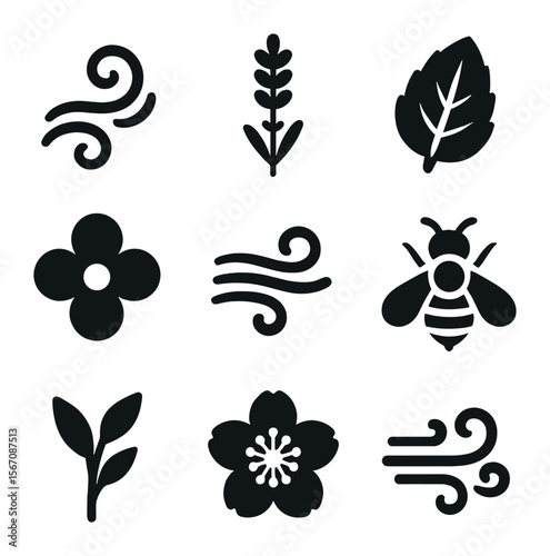 Scented Fields Icons. Solid, filled icons set of scented fields: aroma swirl, lavender, mint leaf, flower,