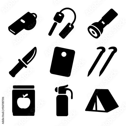 Hiking Survival Icons. Solid, filled icon set of Hiking safety and survival: emergency whistle, fire starter, flashlight, survival