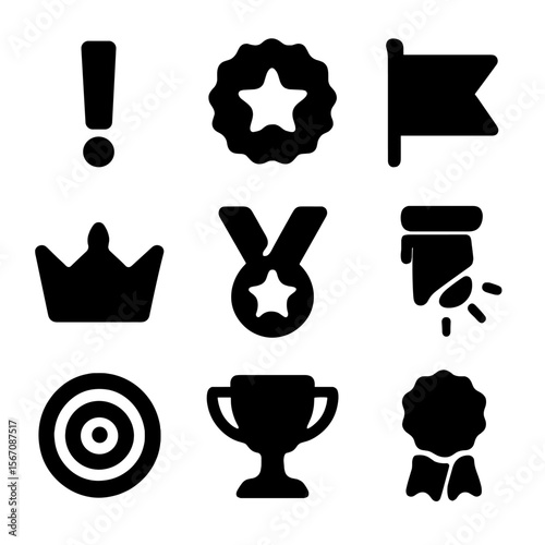 High Importance Icons. Solid, filled icon set of high importance indicators: exclamation mark, star badge, priority flag, crown,