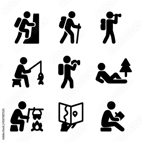 Hiking Activities Icons. Solid, filled icon set of Hiking activities: climbing, trekking, birdwatching, fishing, photographing,