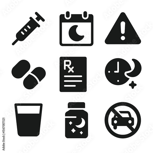 Nighttime Medication Icons. Solid, filled icon set of nighttime medication instructions: dosage syringe, calendar reminder,