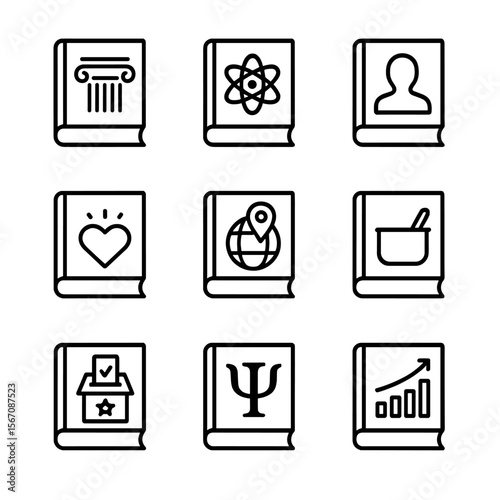 Non-Fiction Icon Grid. Solid, filled icon set of non-fiction book themes: history, science, biography, self-improvement, travel,