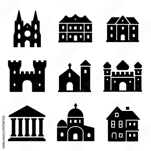 Historic Architectural Icons. Solid, filled icon set of historical facades: gothic cathedral, baroque palace, renaissance villa,