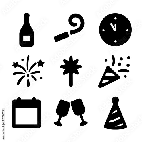 New Year Icons. Solid, filled icon set of New Year card icons: champagne bottle, party horn, clock strike, fireworks, sparkler,