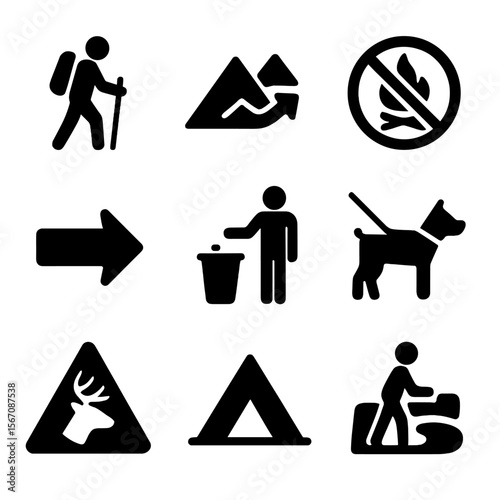 Hiking Symbols Icons. Solid, filled icon set of common hiking symbols: hiker silhouette, elevation icon, campfire crossed out,