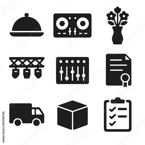 Event Coordination Icons. Solid, filled icons set of event vendor coordination: catering tray, DJ console,