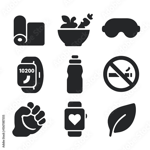 Lifestyle Change Icons. Solid, filled icon set of lifestyle changes for chronic conditions: yoga mat, diet bowl, sleep mask, step