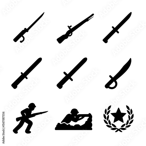 Historical Bayonet Icons. Solid, filled icon set of historical bayonets: musket bayonet, flintlock rifle, Napoleonic bayonet, WWI