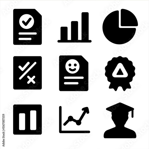 Examination Icons Grid. Solid, filled icons set of exam results and analytics: scorecard, bar chart, pie graph