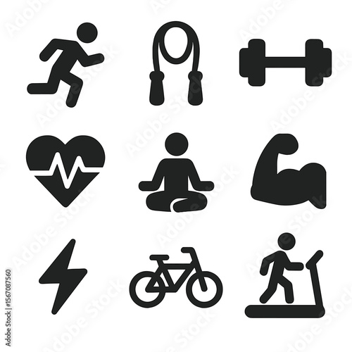 Exercise Icon Set. Solid, filled icons set of the importance of exercise: running icon, jump rope, dumbbell