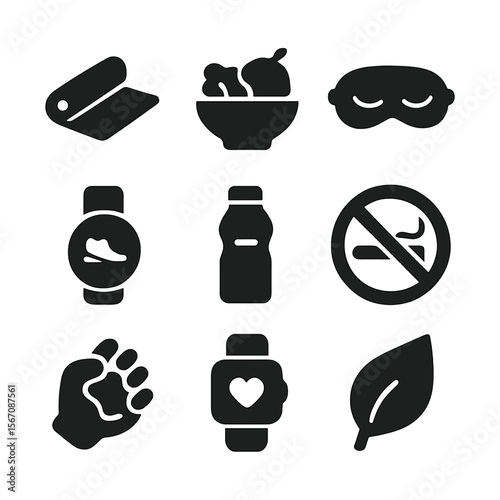Lifestyle Change Icons. Solid, filled icon set of lifestyle changes for chronic conditions: yoga mat, diet bowl, sleep mask, step