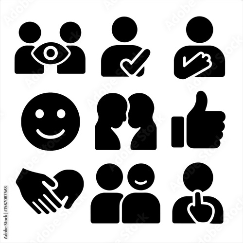 Non-Verbal Icons Set. Solid, filled icon set of non-verbal communication: eye contact, nodding head, hand on chest, smiling face,