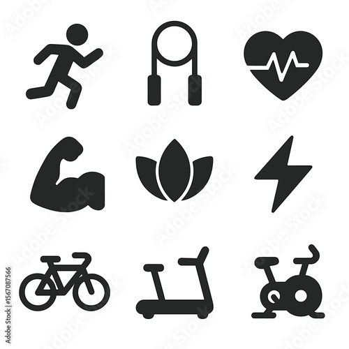 Exercise Icon Set. Solid, filled icons set of the importance of exercise: running icon, jump rope, dumbbell