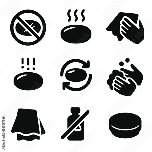 Lens Care Icons. Solid, filled icon set of proper lens care: no scratches symbol, avoid heat icon, soft cloth, rinse under water,