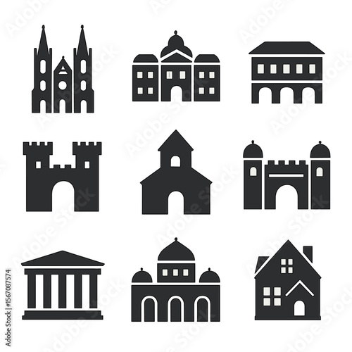 Historic Architectural Icons. Solid, filled icon set of historical facades: gothic cathedral, baroque palace, renaissance villa,
