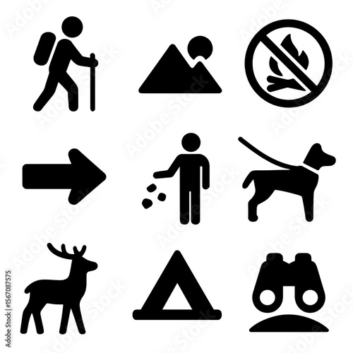 Hiking Symbols Icons. Solid, filled icon set of common hiking symbols: hiker silhouette, elevation icon, campfire crossed out,