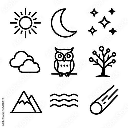 Night Sky Icons. Solid, filled icon set of moonbeam and night sky icons: shining moonbeam, crescent moon, stars, night clouds, owl