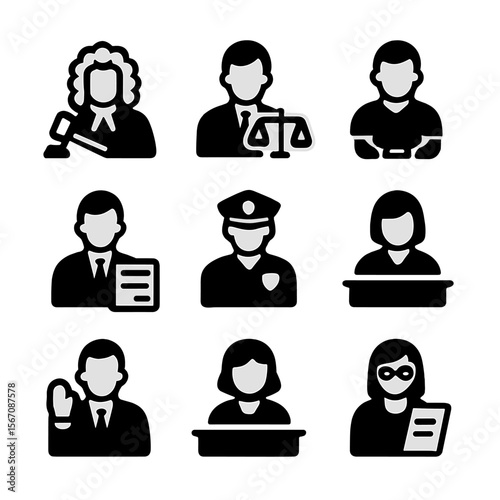Legal Roles Icons. Solid, filled icon set of legal roles: judge, lawyer, defendant, plaintiff, bailiff, court clerk, witness, jury