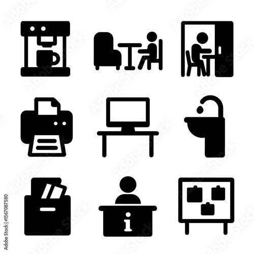 Library Icons Grid. Solid, filled icon set of library amenities: coffee machine, seating area, study room, printer, computer