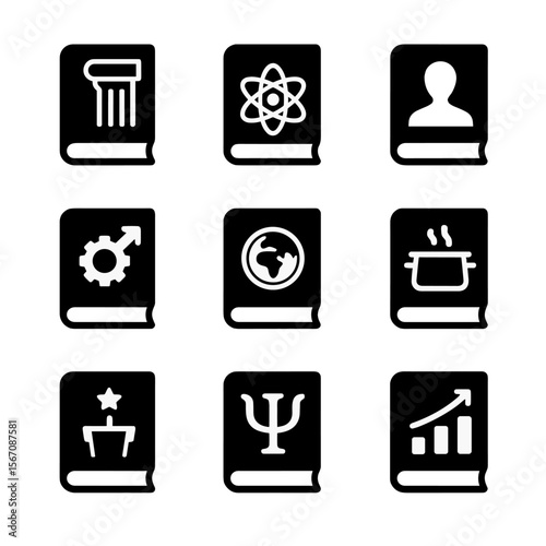 Non-Fiction Icon Grid. Solid, filled icon set of non-fiction book themes: history, science, biography, self-improvement, travel,