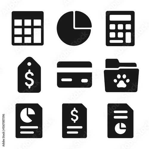 Expense Tracking Icons. Solid, filled icons set of expense tracking: spreadsheet, pie chart, calculator,