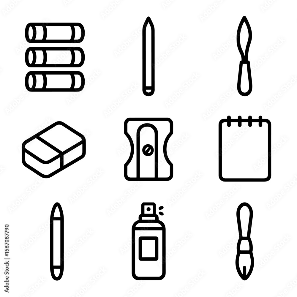 Oil Pastel Tool Icons. Solid, filled icon set of oil pastel tools: oil pastel sticks, blending stump, palette knife, eraser,