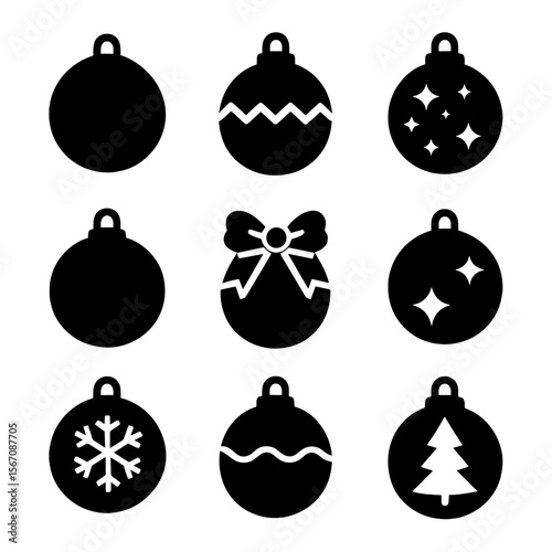 Holiday Ornament Icons. Solid, filled icon set of holiday and winter balls: snowball, decorative ornament, glitter ball, hanging