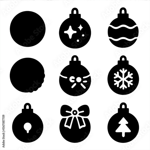Holiday Ornament Icons. Solid, filled icon set of holiday and winter balls: snowball, decorative ornament, glitter ball, hanging