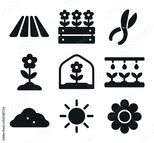 Flower Farm Icons. Solid, filled icons set of flower farm: farm rows, flower crate, scissors, planted stem,