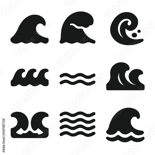Ocean Wave Icons. Solid, filled icon set of ocean waves: cresting wave, breaking wave, foam swirl, rolling tide, wave line,