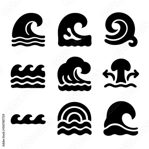 Ocean Wave Icons. Solid, filled icon set of ocean waves: cresting wave, breaking wave, foam swirl, rolling tide, wave line,