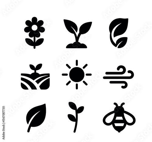 Eco Bloom Icons. Solid, filled icons set of eco blooms: natural flower, wild growth, organic line, field patch
