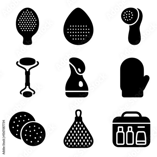 Facial Cleansing Icon Set. Solid, filled icons set of facial cleansing tools: silicone brush, cleansing pad,