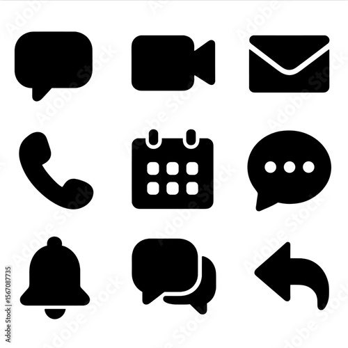 Office Communication Icons. Solid, filled icon set of office communication: chat bubble, video call, email, phone, calendar invite
