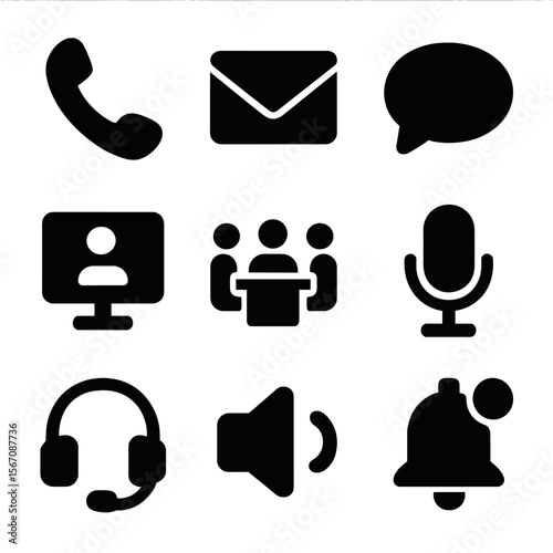 Office Communication Icons. Solid, filled icon set of office communication tools: telephone, email envelope, chat bubble, video