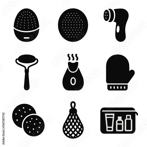 Facial Cleansing Icon Set. Solid, filled icons set of facial cleansing tools: silicone brush, cleansing pad,