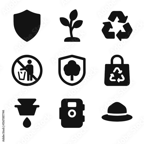 Lowland Conservation Icons. Solid, filled icon set of lowland conservation and protection: shield, tree sapling, recycle symbol,