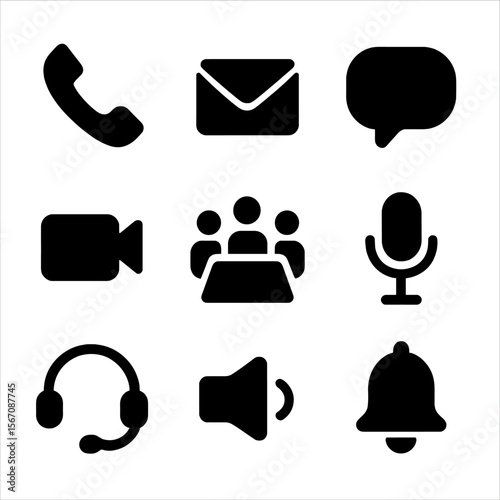 Office Communication Icons. Solid, filled icon set of office communication tools: telephone, email envelope, chat bubble, video