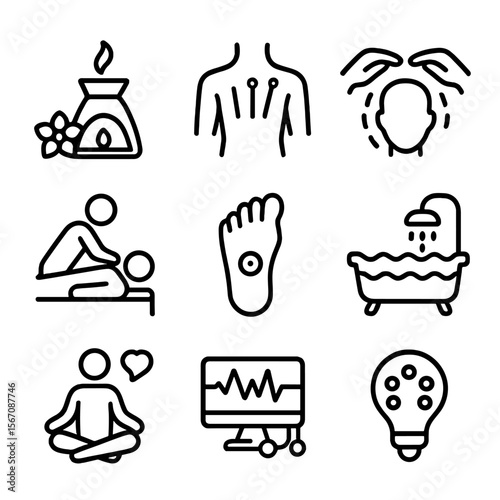 Holistic Therapy Icons. Solid, filled icon set of complementary therapies with sound: aromatherapy, acupuncture, reiki, massage