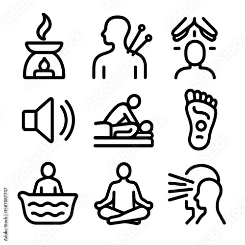 Holistic Therapy Icons. Solid, filled icon set of complementary therapies with sound: aromatherapy, acupuncture, reiki, massage