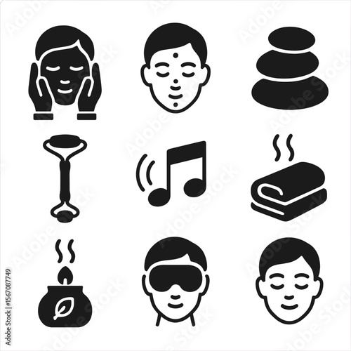 Facial Massage Icons. Solid, filled icons set of facial massage and relaxation: massage hands, acupressure