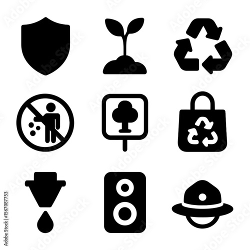 Lowland Conservation Icons. Solid, filled icon set of lowland conservation and protection: shield, tree sapling, recycle symbol,