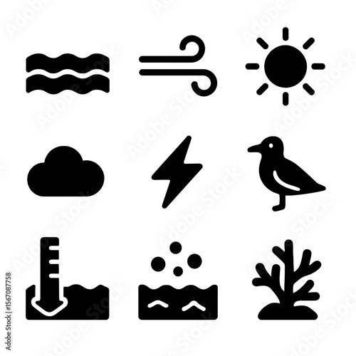 Offshore Wind Icons. Solid, filled icon set of environmental elements affecting offshore wind platforms: ocean waves, wind gust,